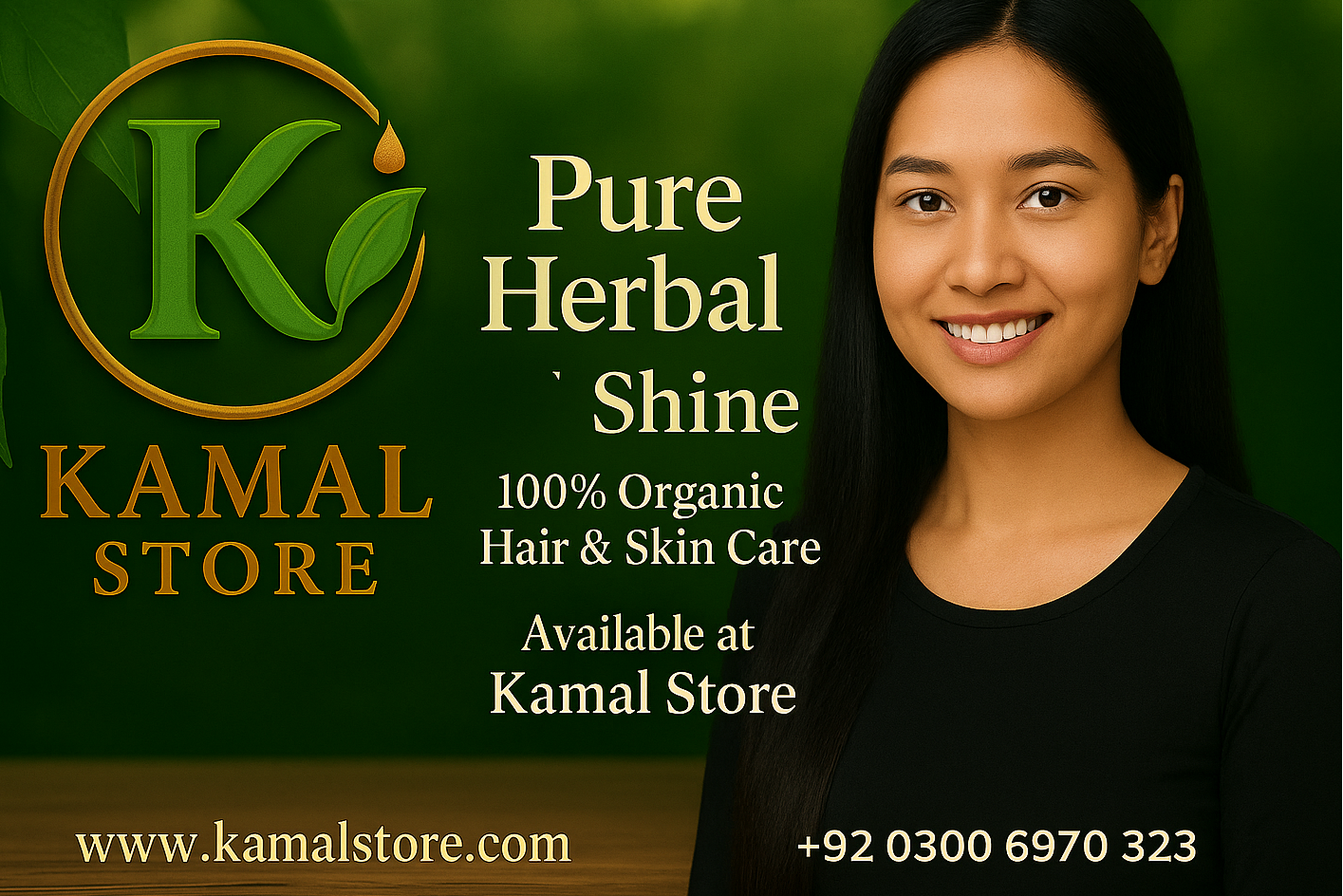 Advertisement for Kamal Store Pure Herbal Shine hair and skin care products with a woman smiling.