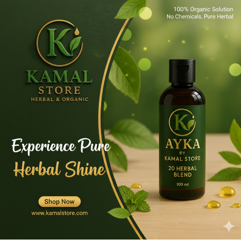 Ayka bottle by Kamal Store on a green background with leaves and product details.